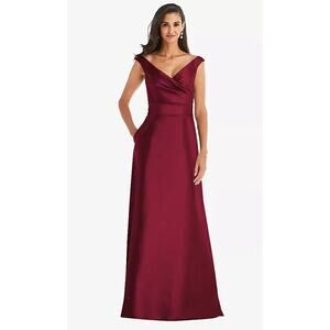 2869 NWOT D811S Alfred Snug Off-the-Shoulder Draped Wrap Satin Maxi Burgundy 10R